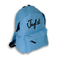 Light blue backpack with 'Jnglst' text on a white background