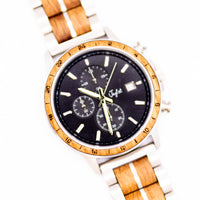 Jnglst Clothing watch with wooden strap on a white background