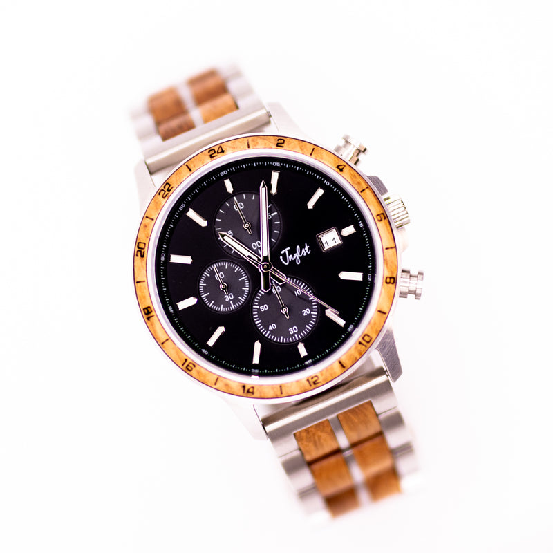 Junglist watch with wooden and metal strap on a white background