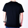 Black Super Sharp Shooter  t-shirt back worn by a person on a white background