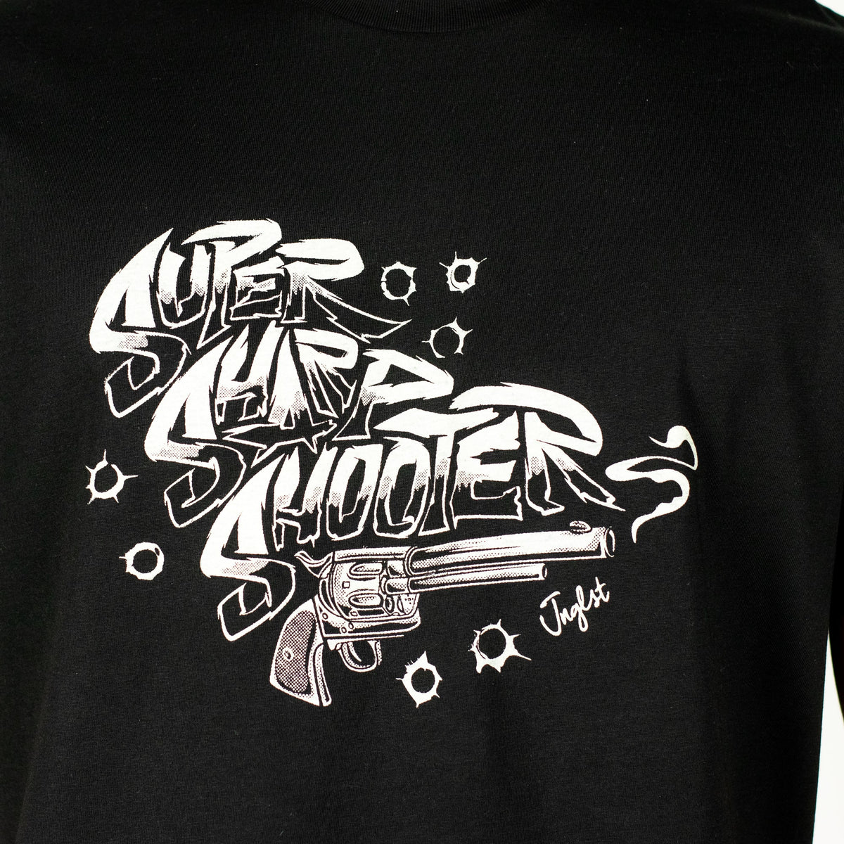Black t-shirt with white Super Sharp Shooter text