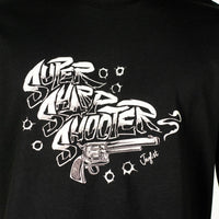 Black t-shirt with white Super Sharp Shooter text