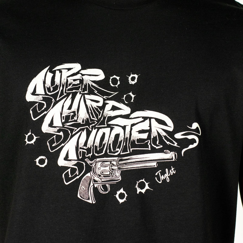 Black t-shirt with white Super Sharp Shooter text