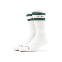 White socks with green stripes and THTC logo on a white background