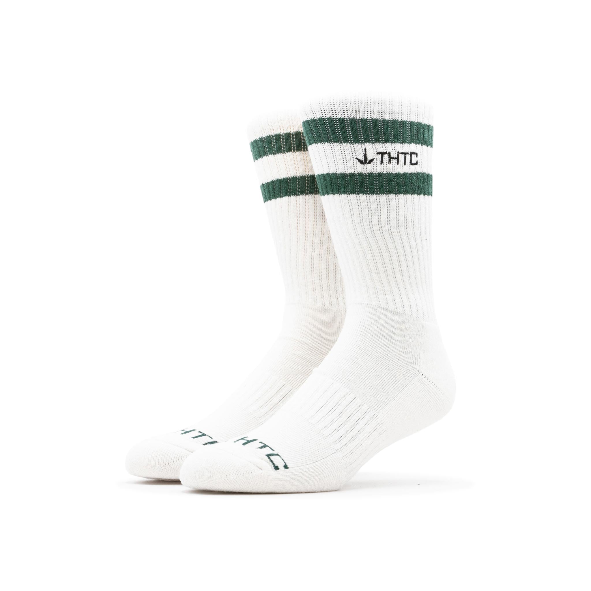 White socks with green stripes and THTC logo on a white background