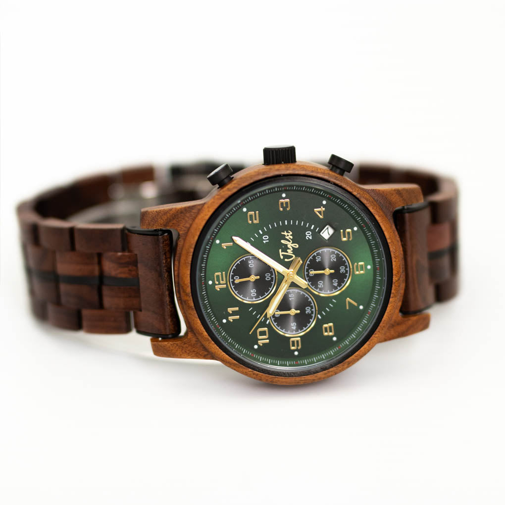 Wooden Junglist wristwatch with a green dial on a white background