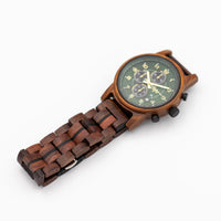 Wooden watch with a Junglist logo on the  face on a white background