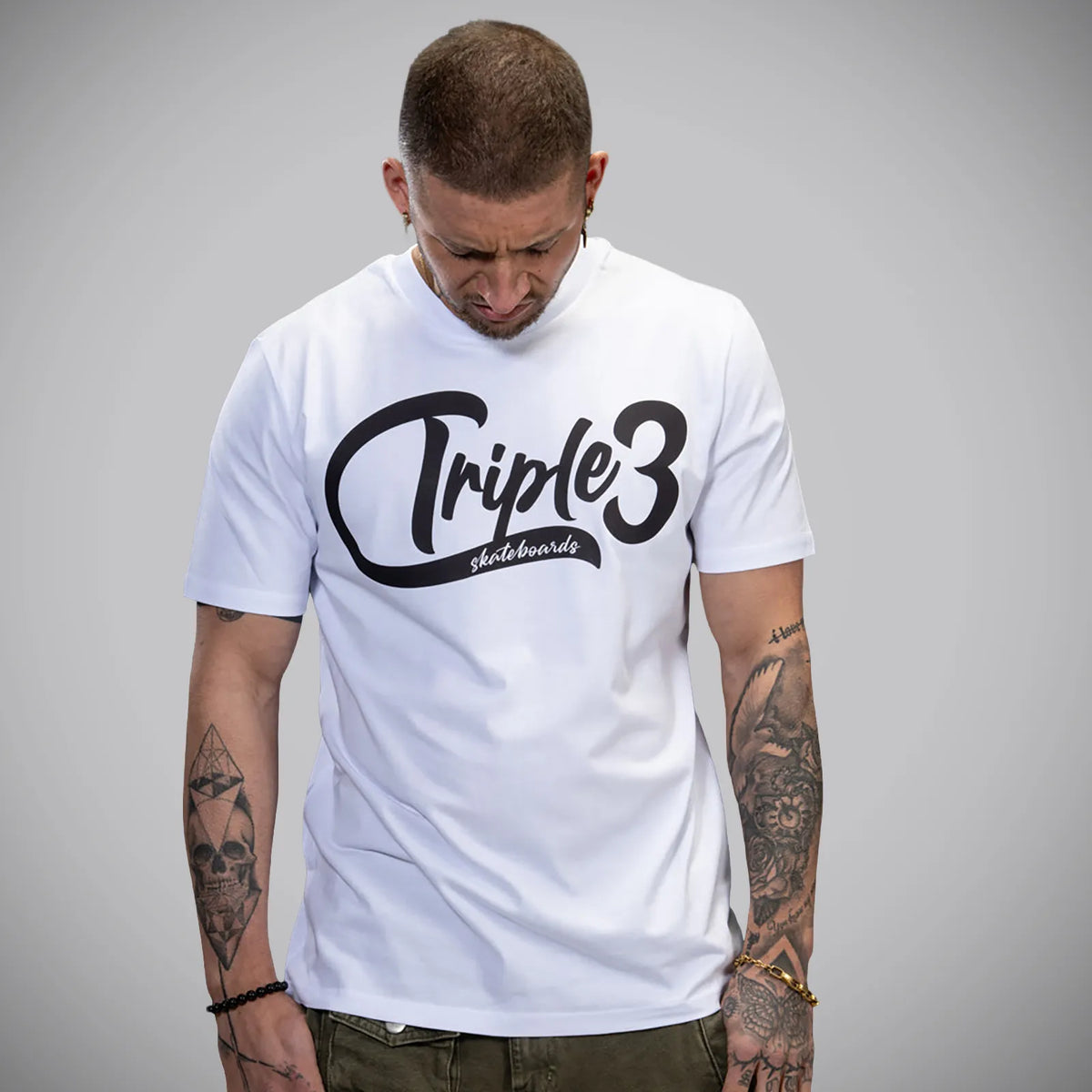 Triple 3 Skateboarding White Script T-Shirt