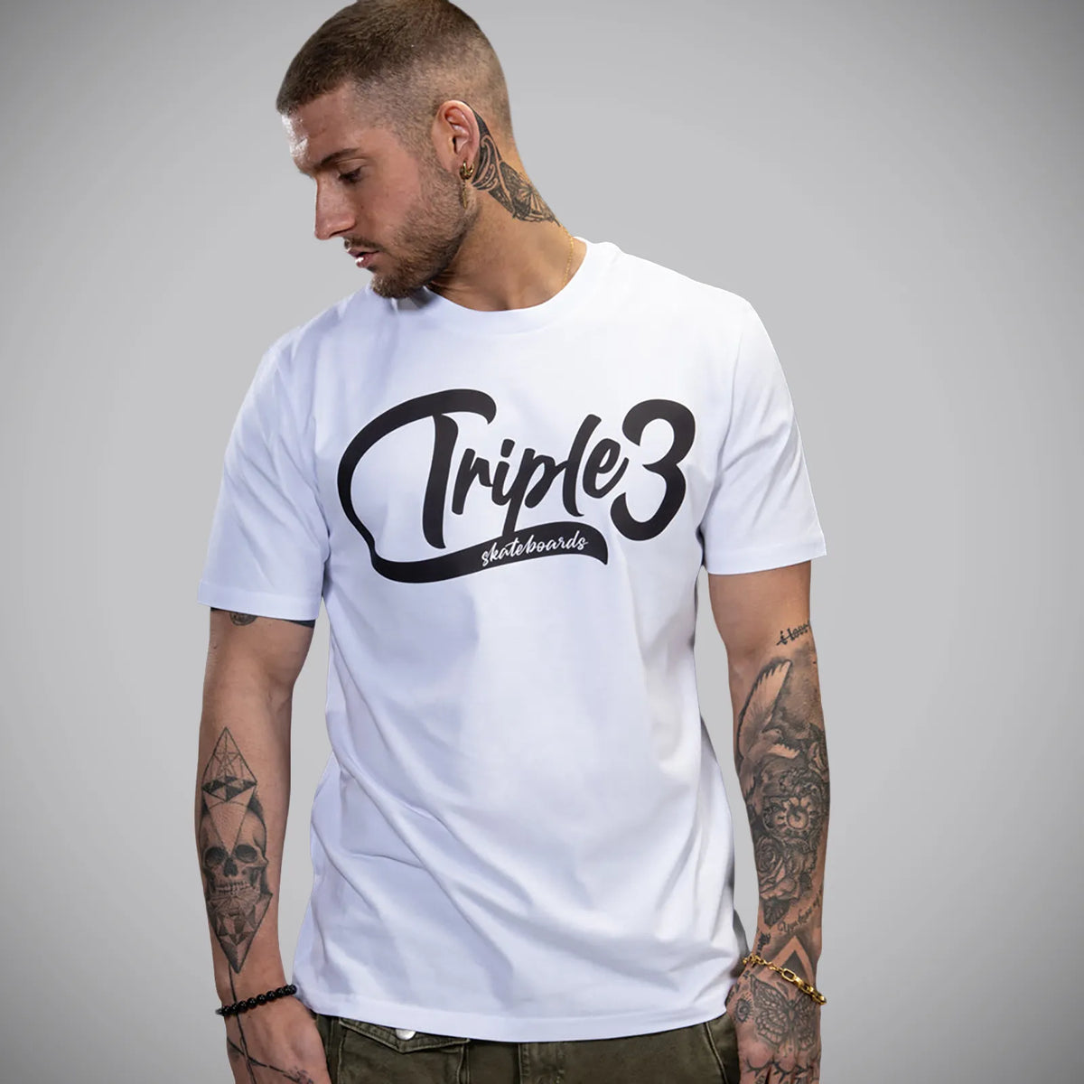 Triple 3 Skateboarding White Script T-Shirt