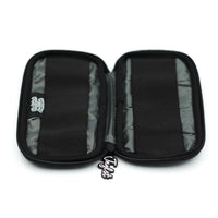 Black zippered case with visible branding on a white background