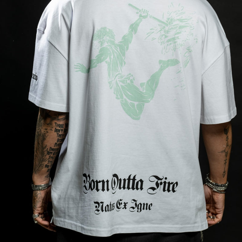 Back print on our oversized Born Outta Fire T shirt