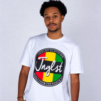 Person wearing a white t-shirt with a colorful logo and text on a plain background