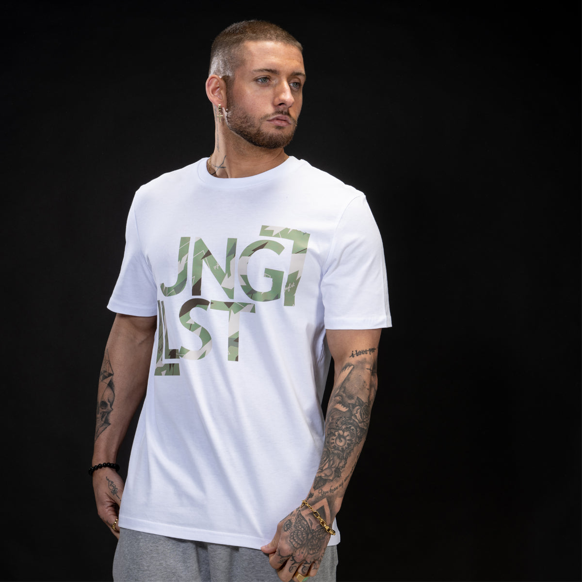 Green Junglist Design on a White T Shirt