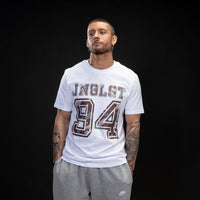 Brown Camo Junglist 94 on a White T Shirt
