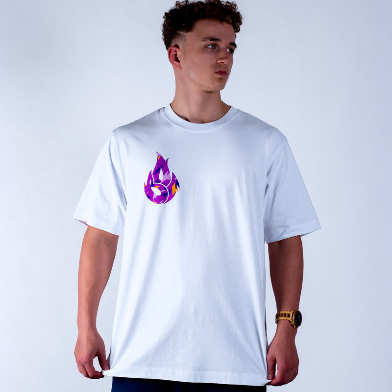 Person wearing a white Yardrock Clothing t-shirt with a purple graphic design on a plain background