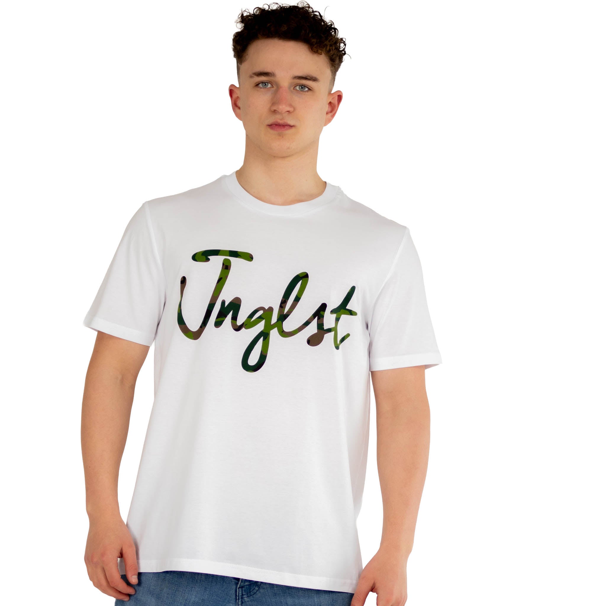 Jnglst camo script white t-shirt in studio