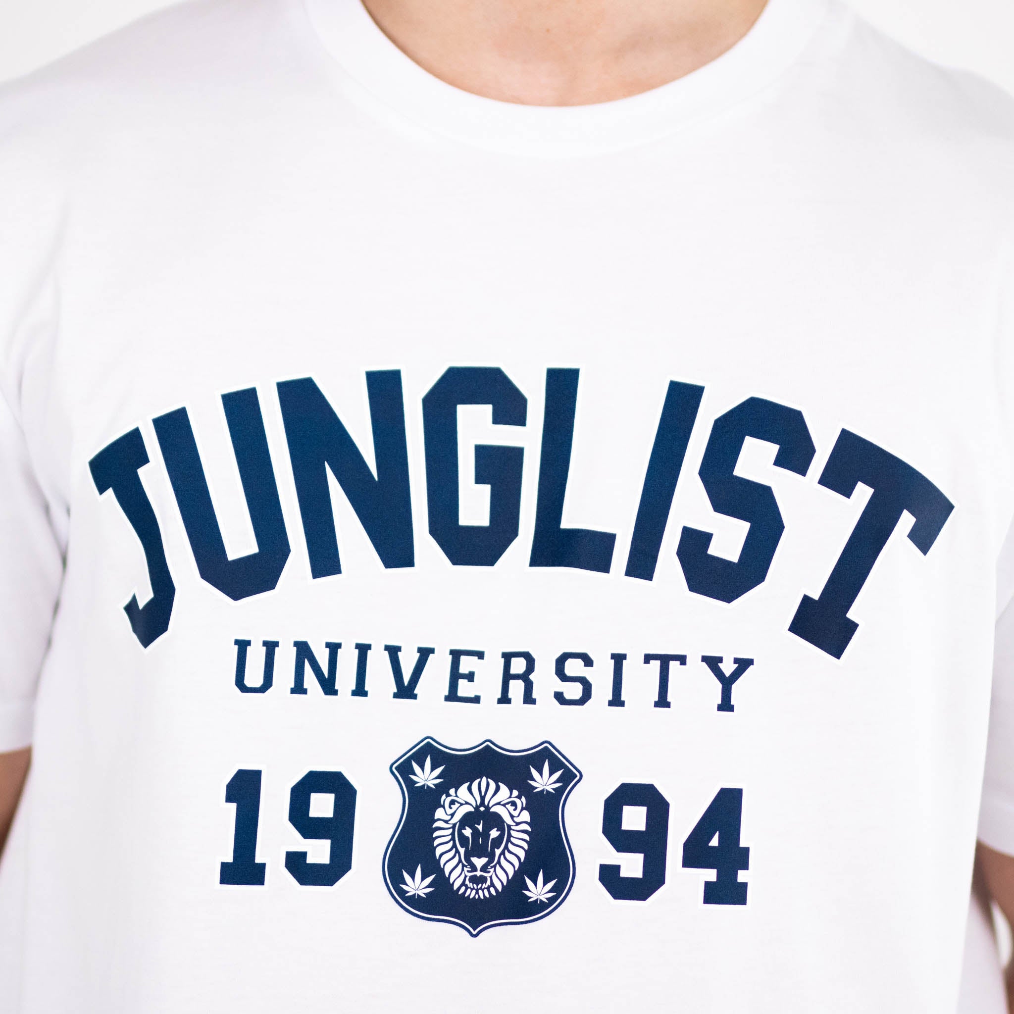 White t-shirt with 'Junglist University 1994' text and logo on a plain background