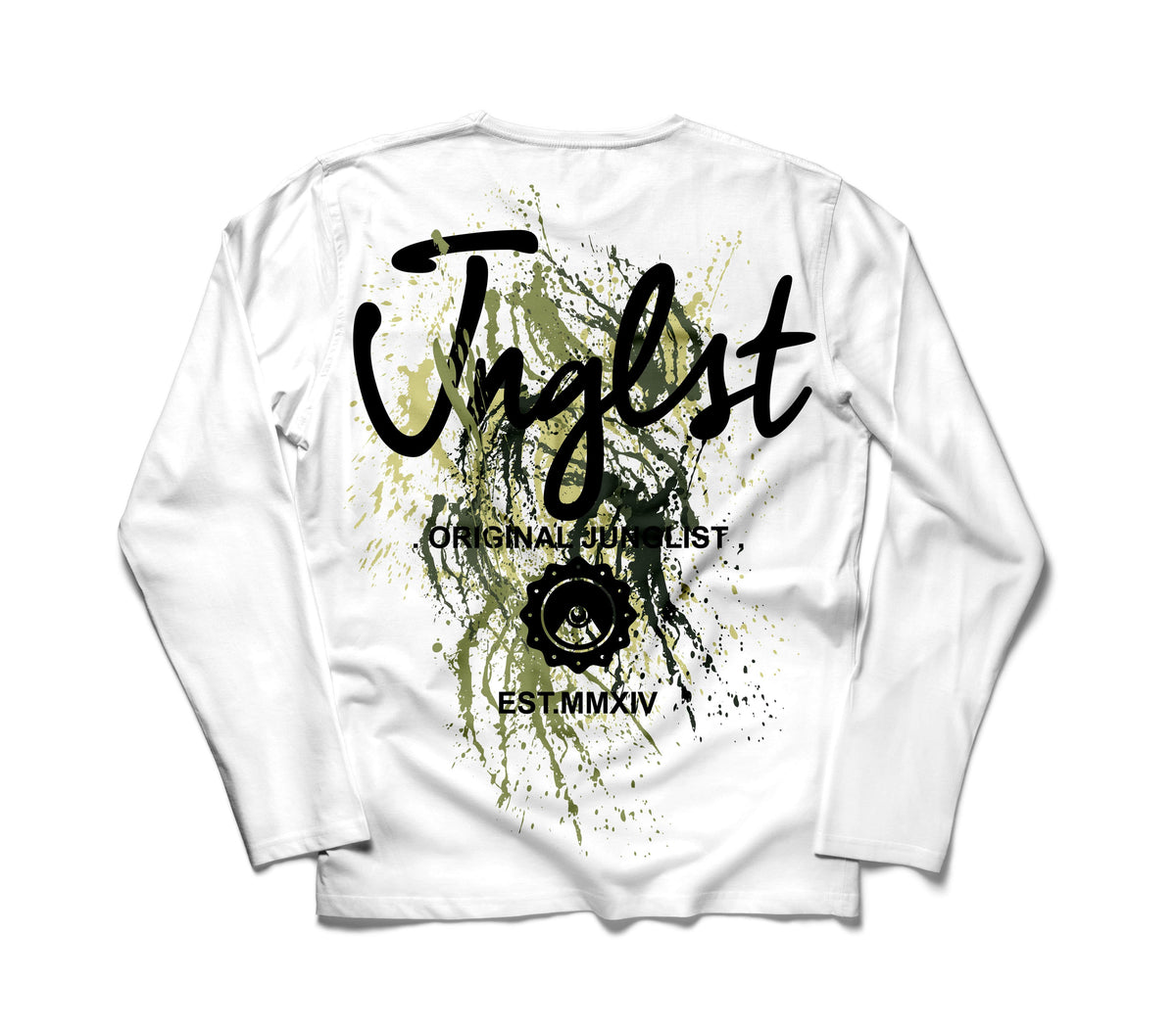 White Splatter Jnglst Design back of long sleeve t shirt