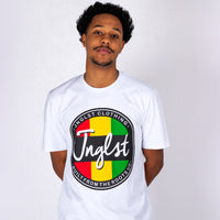 Person wearing a white t-shirt with a colorful logo and text on a plain background