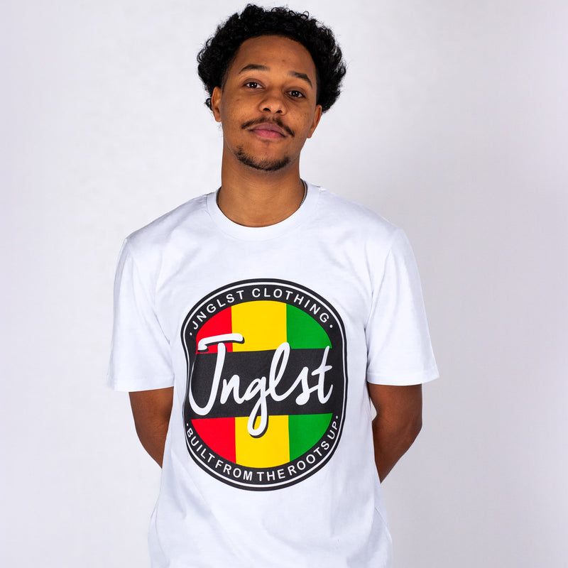 Person wearing a white t-shirt with a colorful logo and text on a plain background