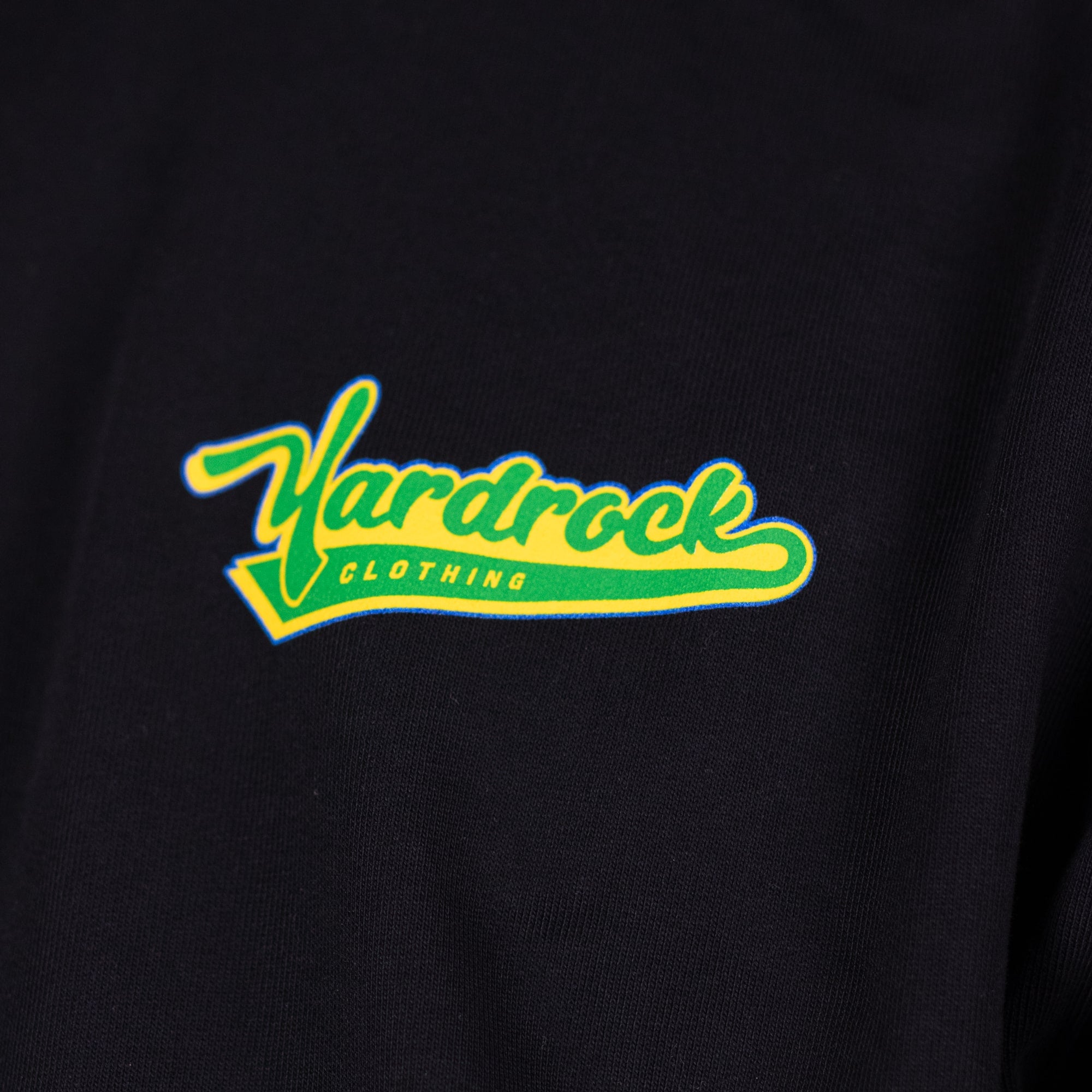 Black sweatshirt with 'Yardrock Clothing' logo in yellow and green on a black background