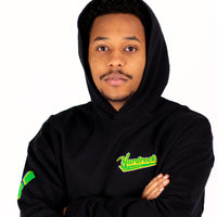 Person wearing a black yardrock diamond hoodie with a visible brand logo on a white background