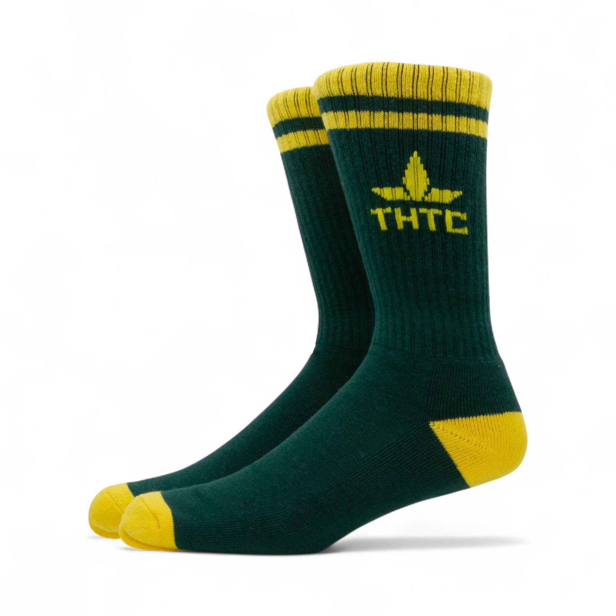Green socks with yellow accents and 'THC' logo on a white background