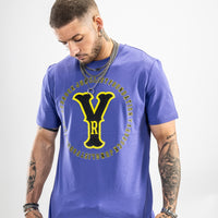 Purple t shirt with yellow and black junglist print