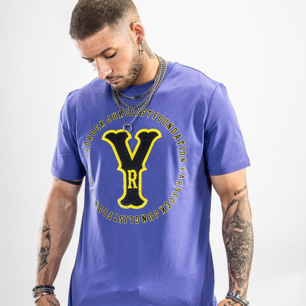 Purple t shirt with yellow and black junglist print