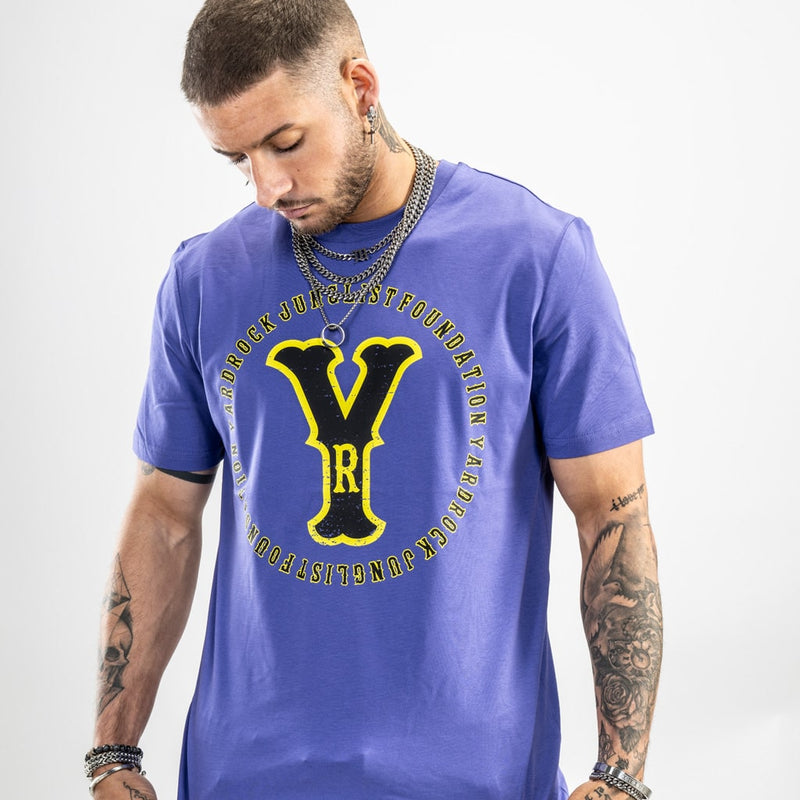 Purple t shirt with yellow and black junglist print