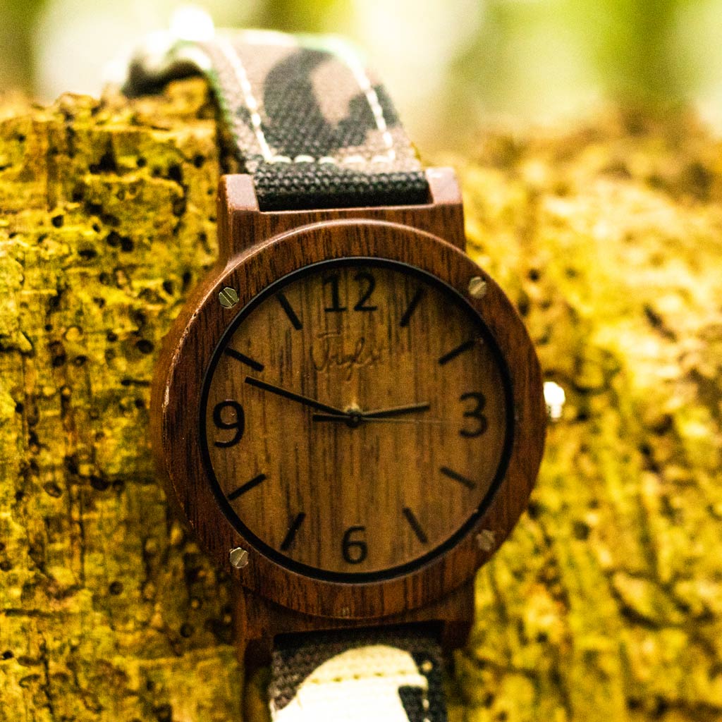 Bamboo Watch Face with Camo Strap by Jnglst Clothing