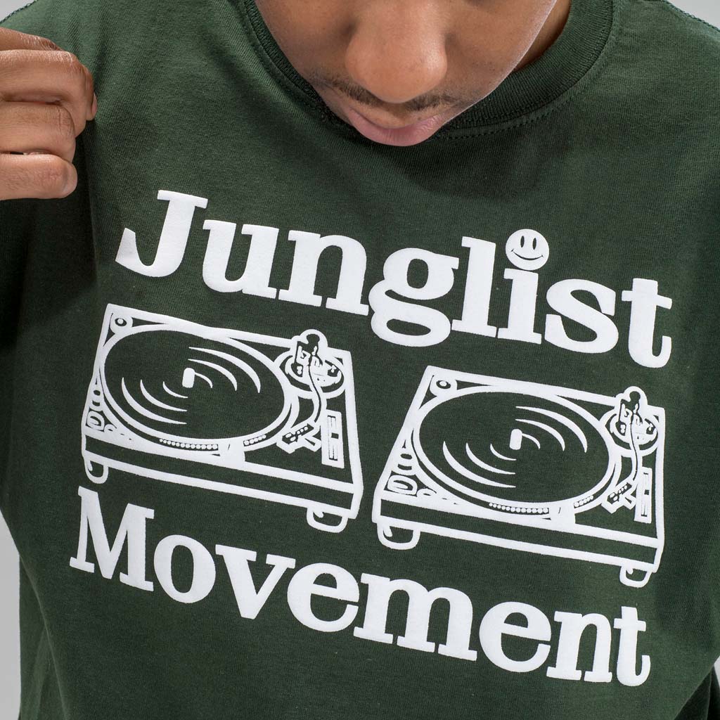 Junglist Movement Dark Green T-Shirt Close up