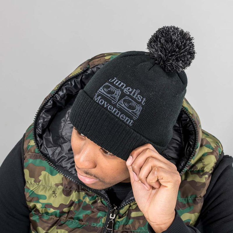 Junglist Movement Black 2 Tone Beanie Pom Pom for Junglists