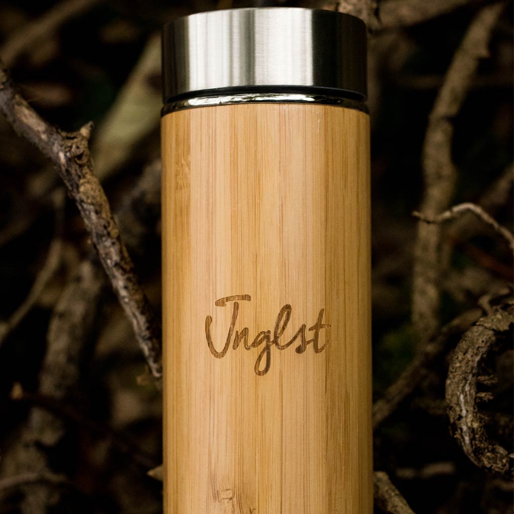 Bamboo Flask for hot or cold drinks, engraved with Jnglst logo