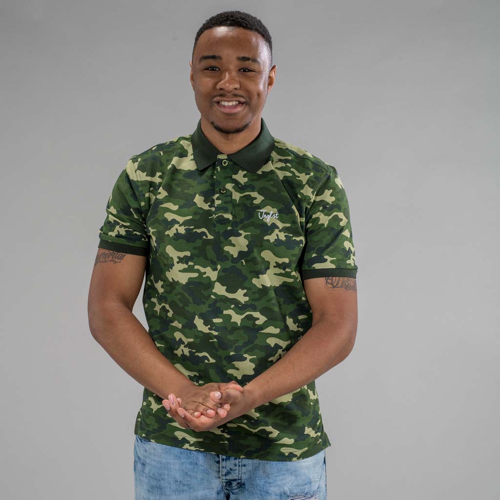 Green Camo Junglist Polo Shirt from front