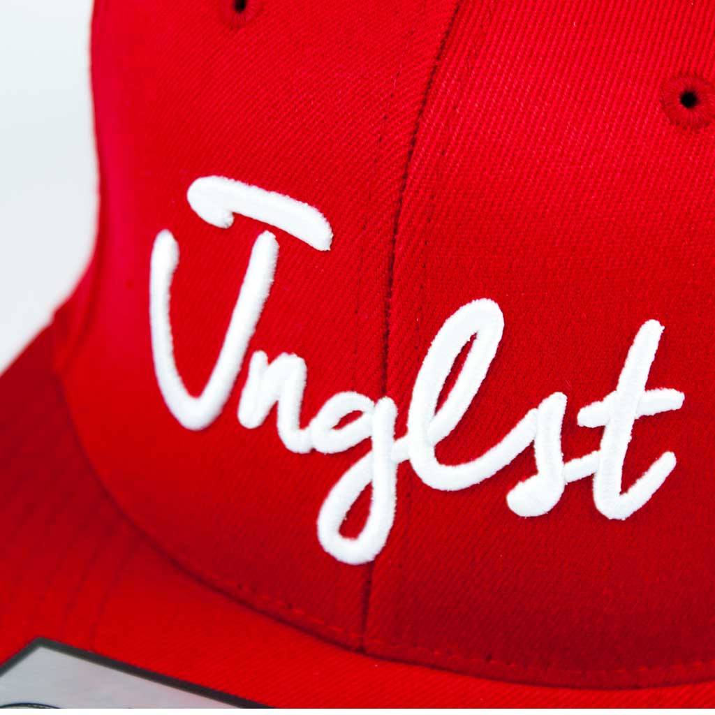 Close up Red 3d embroidered JNGLST Snapback