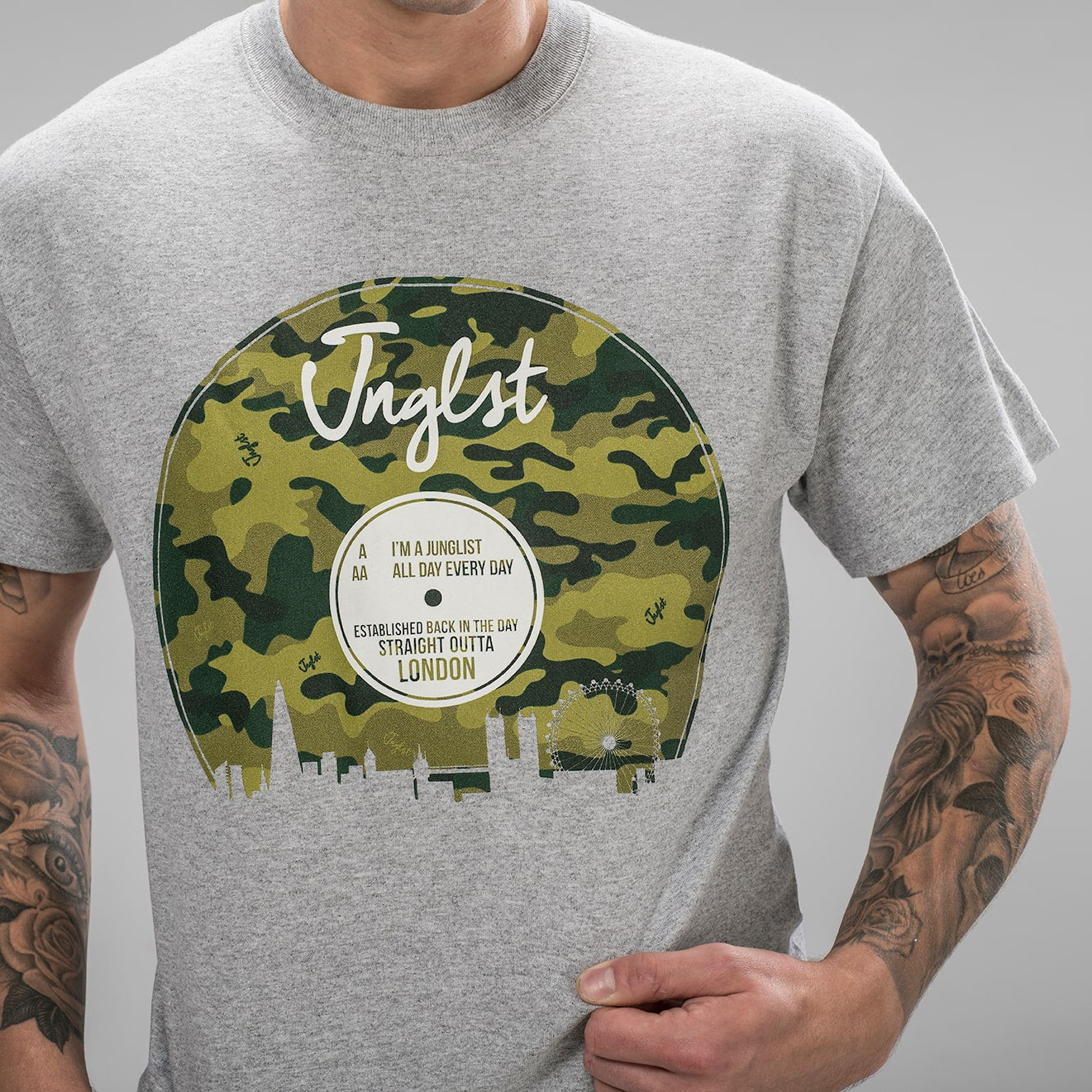 Camo Green design on Grey T-Shirt for Junglists