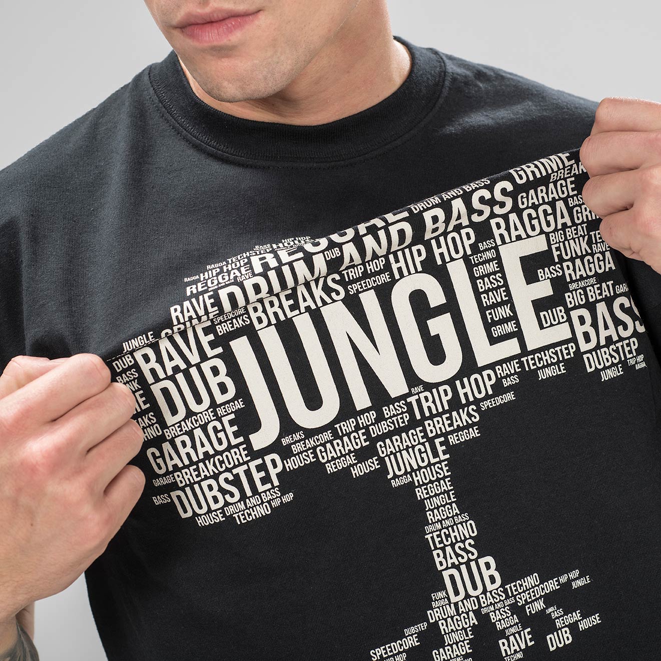 Model in Black Jungle Roots T-Shirt by Junglist Network