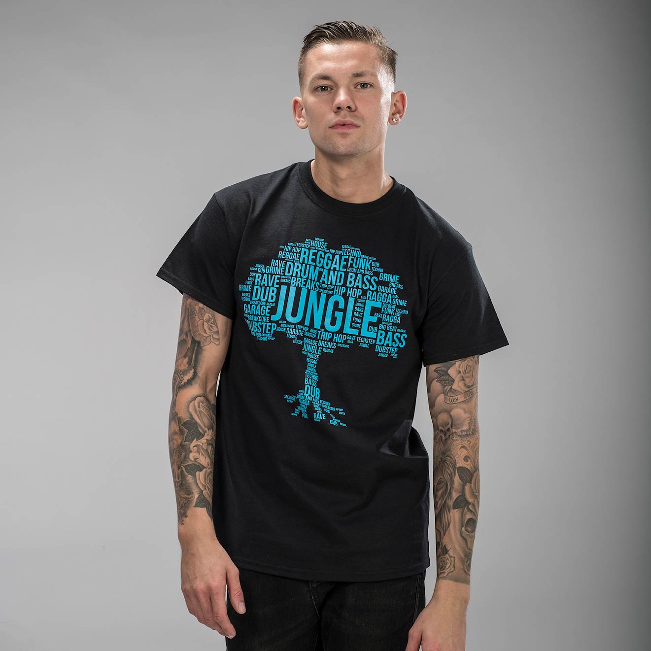 Black Jungle Roots Tee with blue print