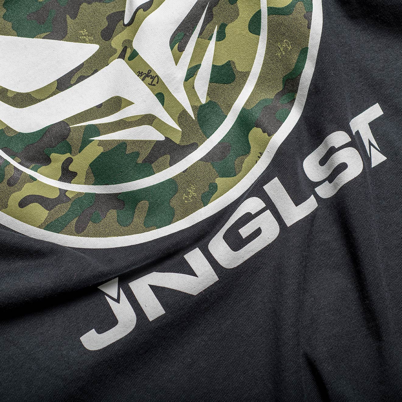 Jnglst Clothing and Dread Recordings T-Shirt Close up