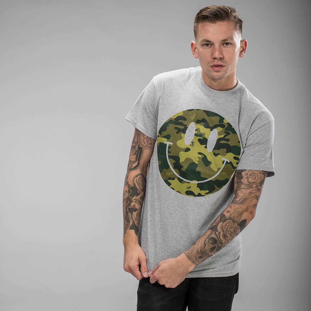 Grey T-Shirt with Camo Smiley Raver Clothing