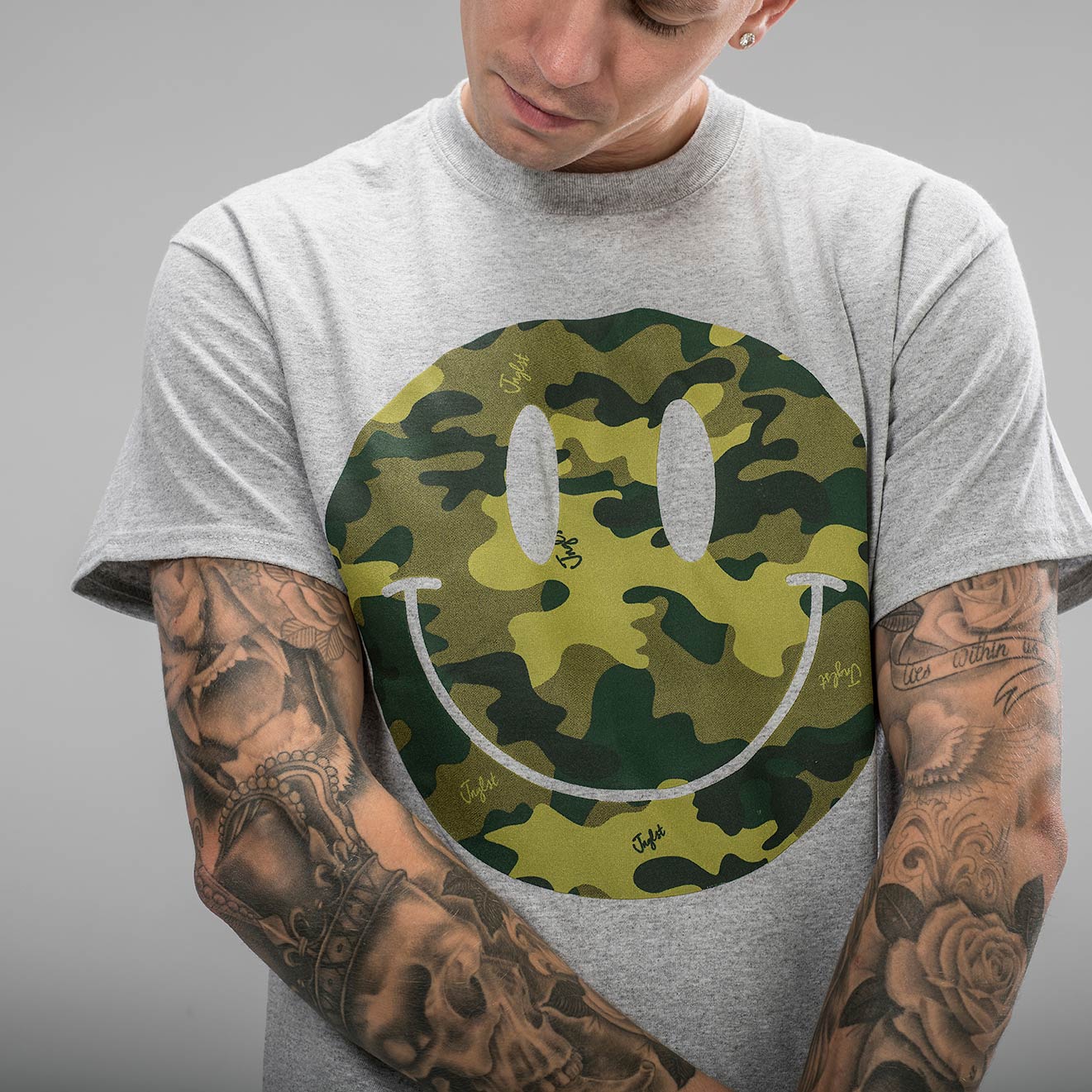 Grey Rave T Shirt with Camo Smiley Design
