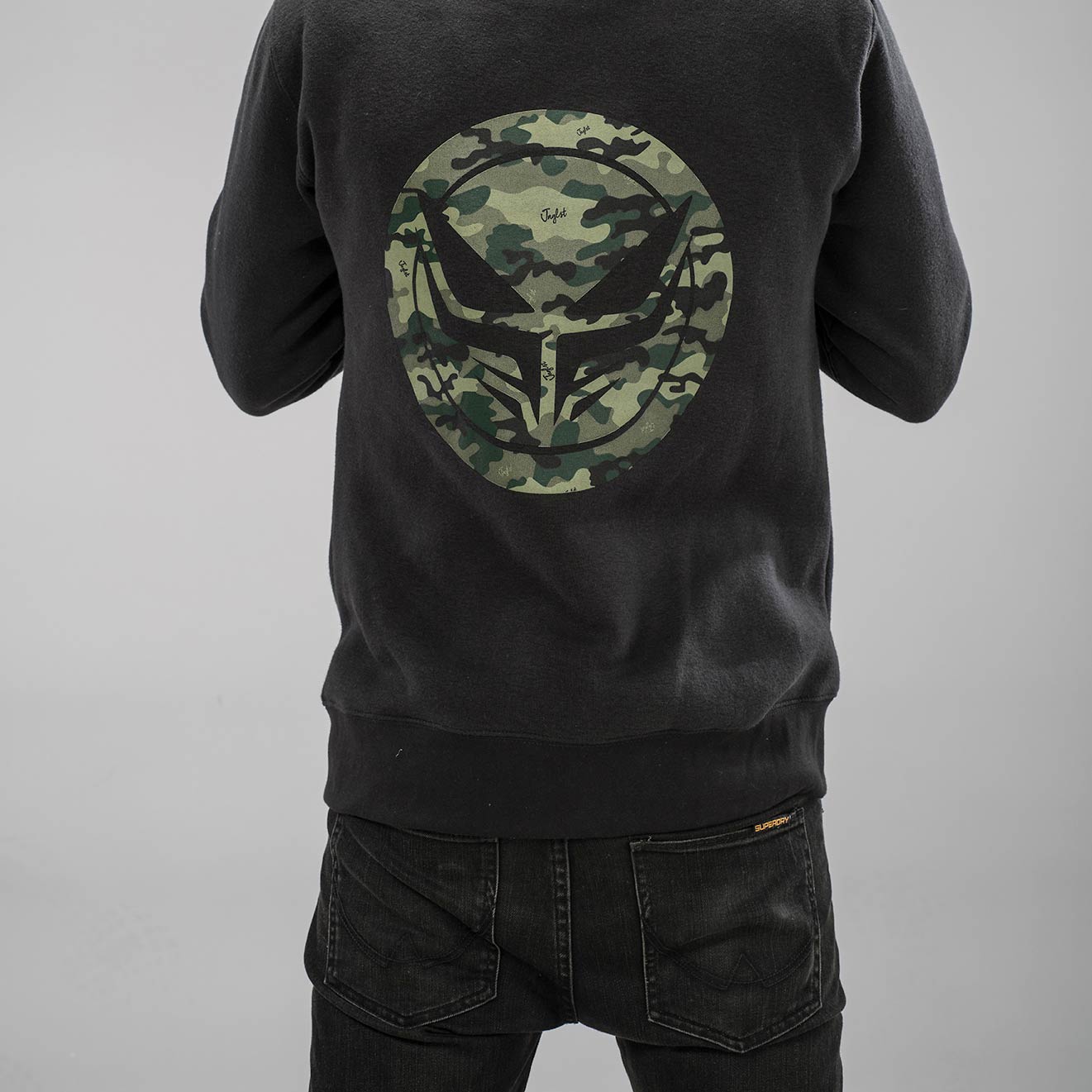 Camo Dread Logo on the Back of our Collab Hoodie for Junglists