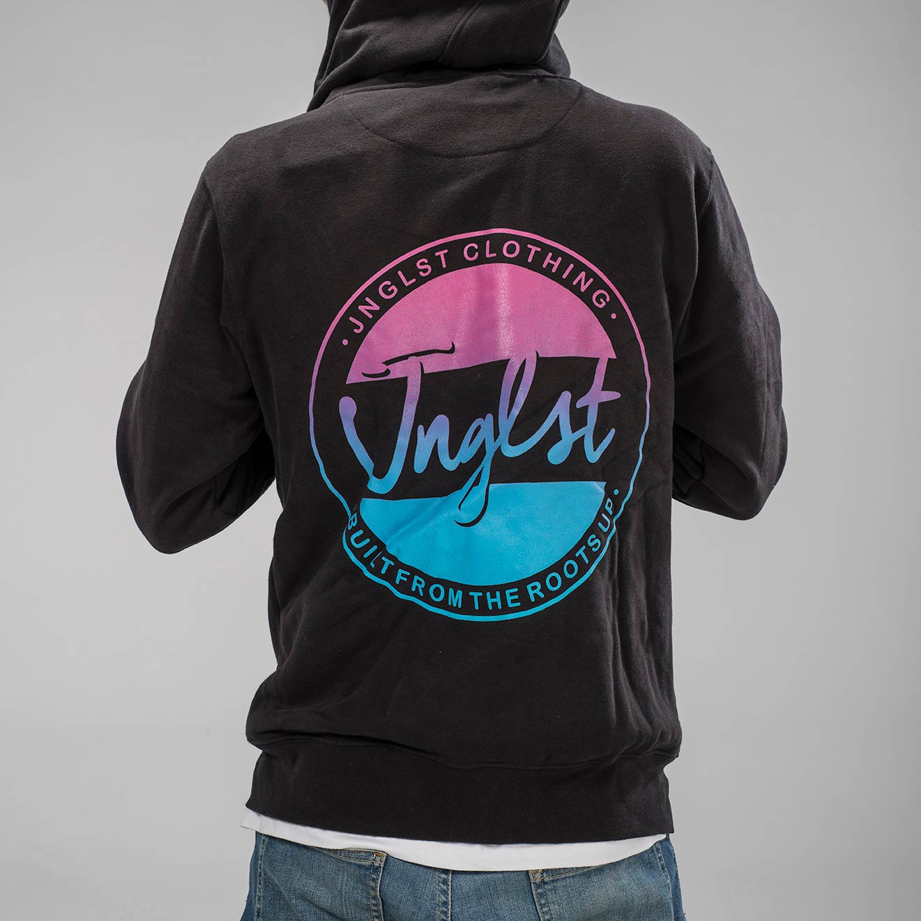 Faded Jnglst Design on the back of our Fader Hoody