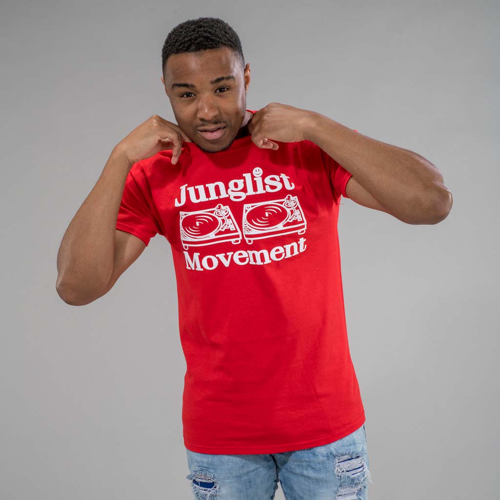 Model wearing Junglist Movement Red T-Shirt