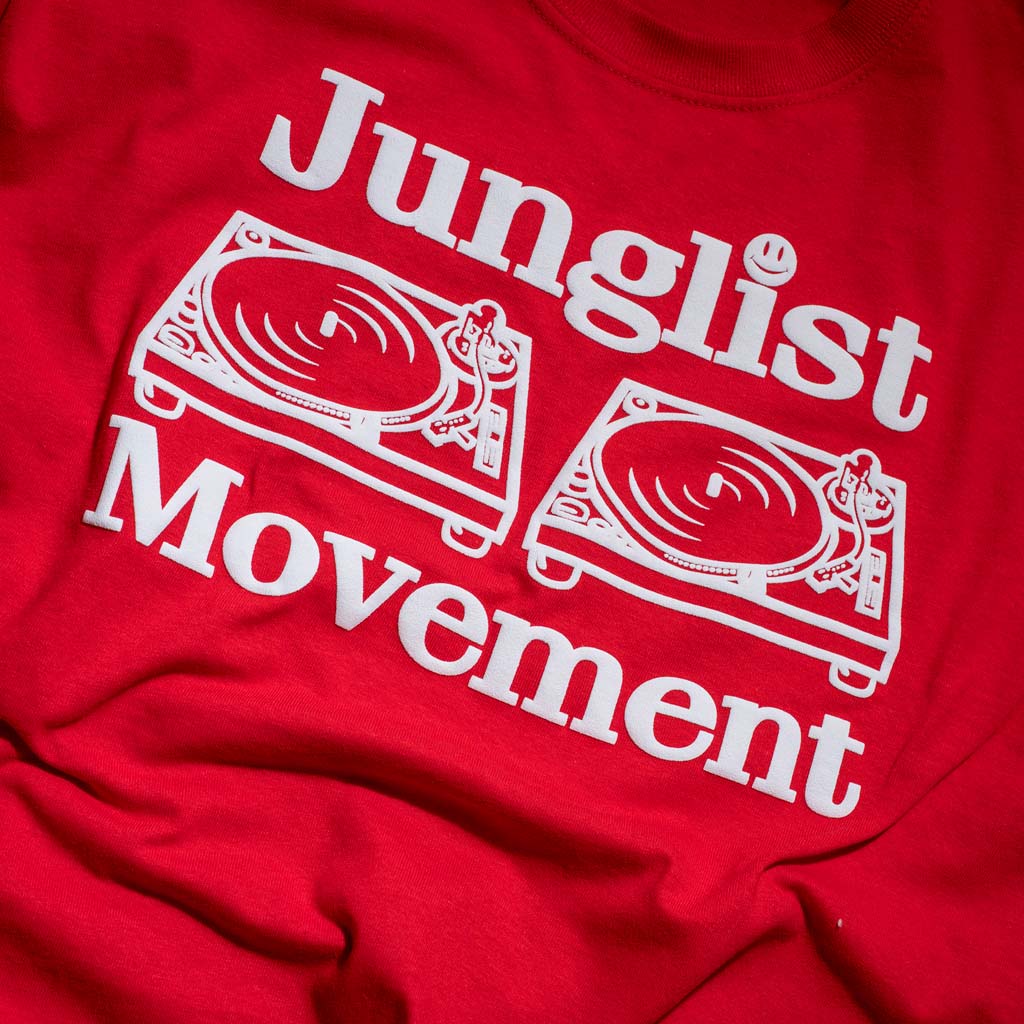 Close up of a Classic Red Junglist Movement Tee