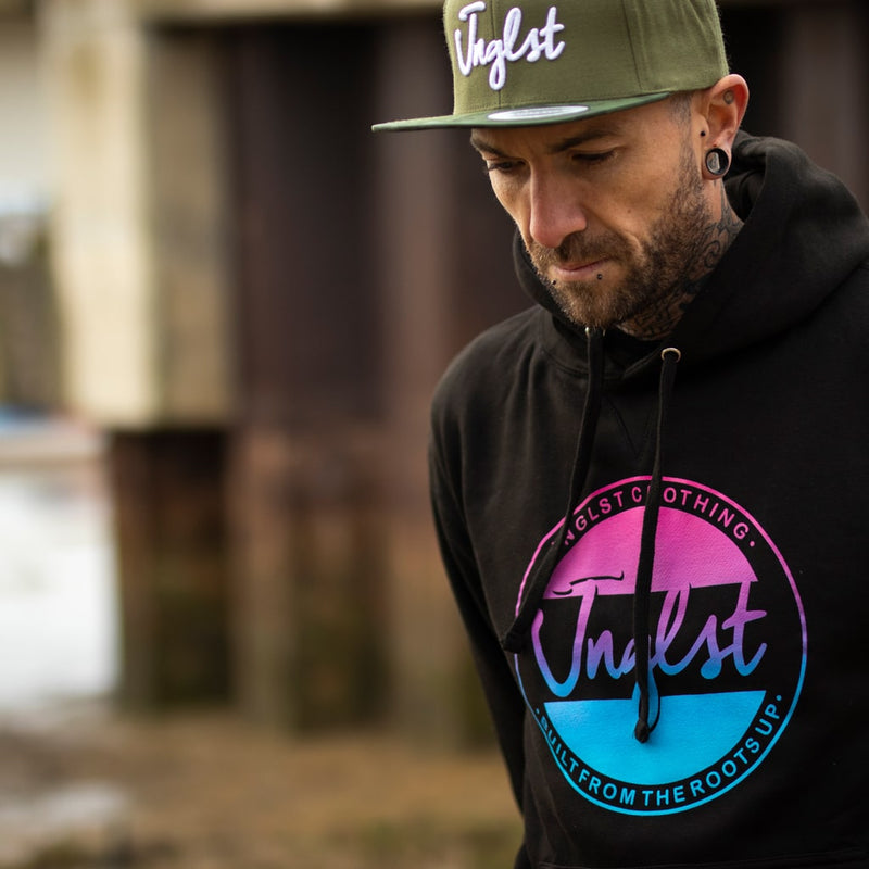 Black Junglist Raver Hoody with Jnglst Clothing Fader Design