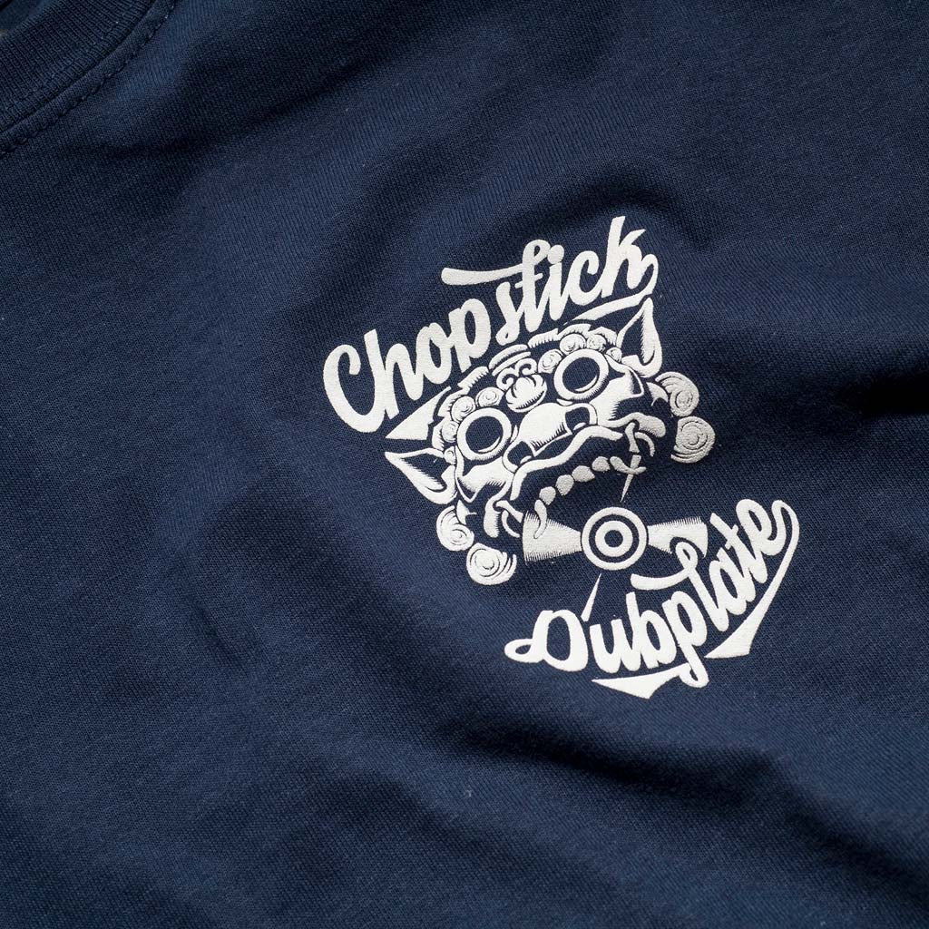 Close up of Front of Chopstick Dubplate Navy T Shirt