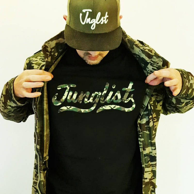 Junglist Script Remix Camo Design On A Black T Shirt