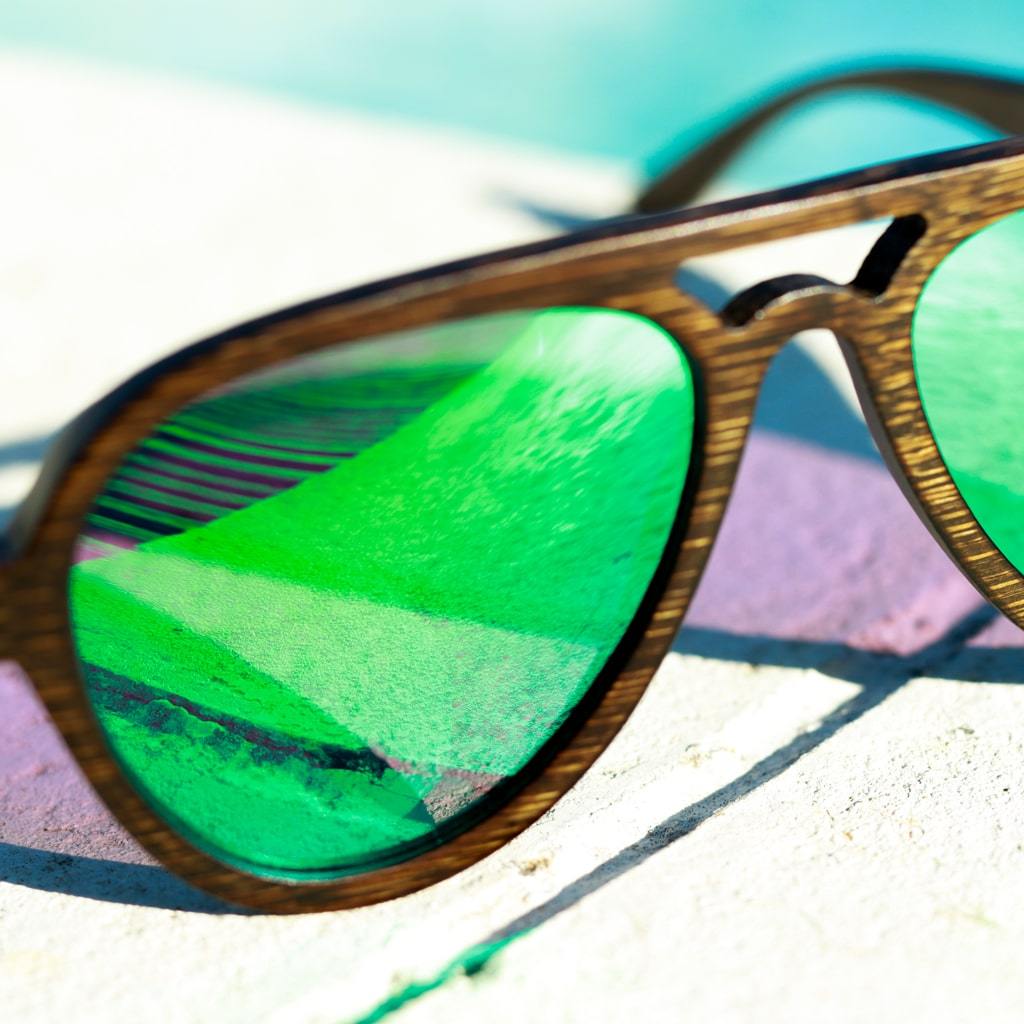 Dark Frame Bamboo Sunglasses with Green Lens
